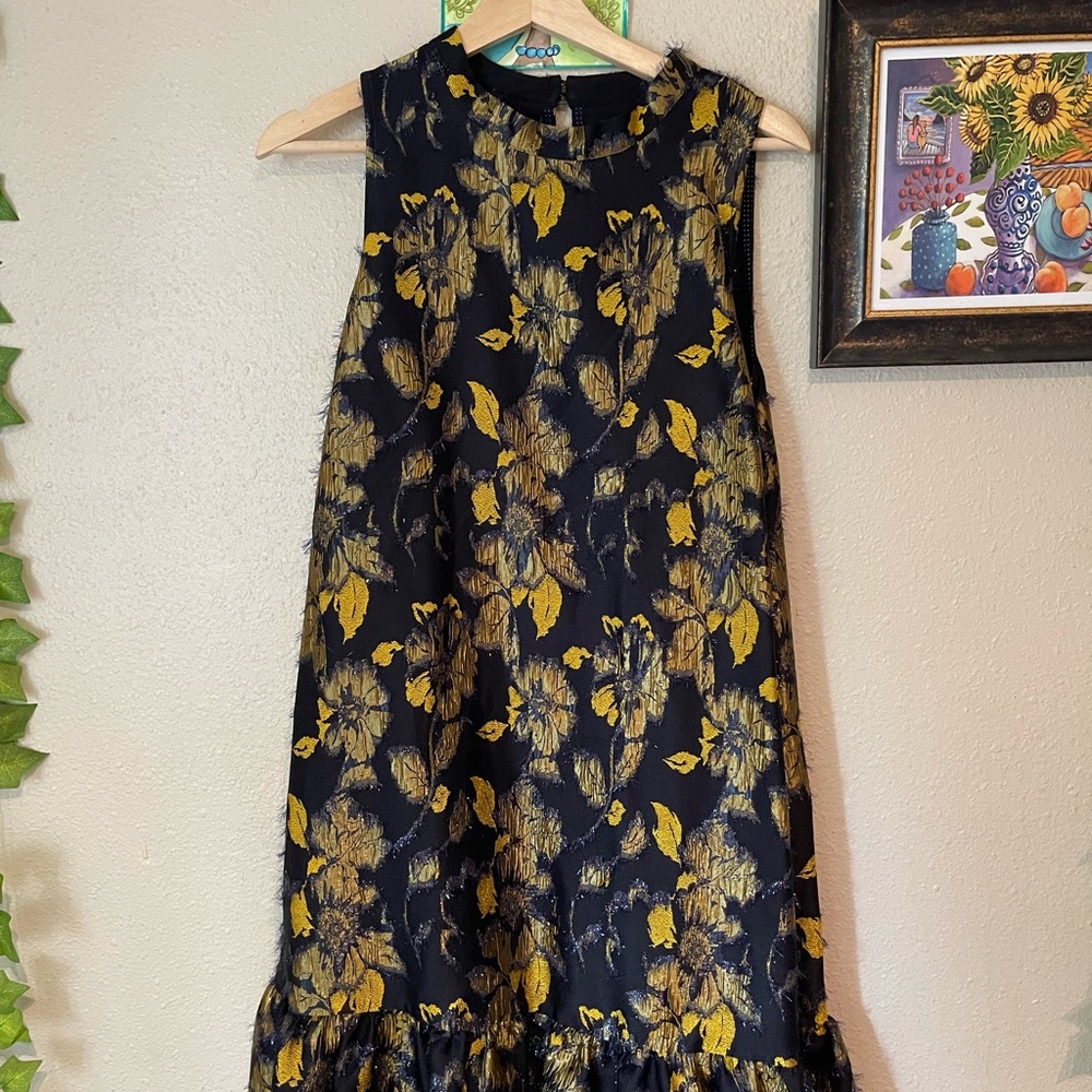 Anthropologie Navy and Gold Floral Jaquard Dress, Sleeveless, Ruffled Hem